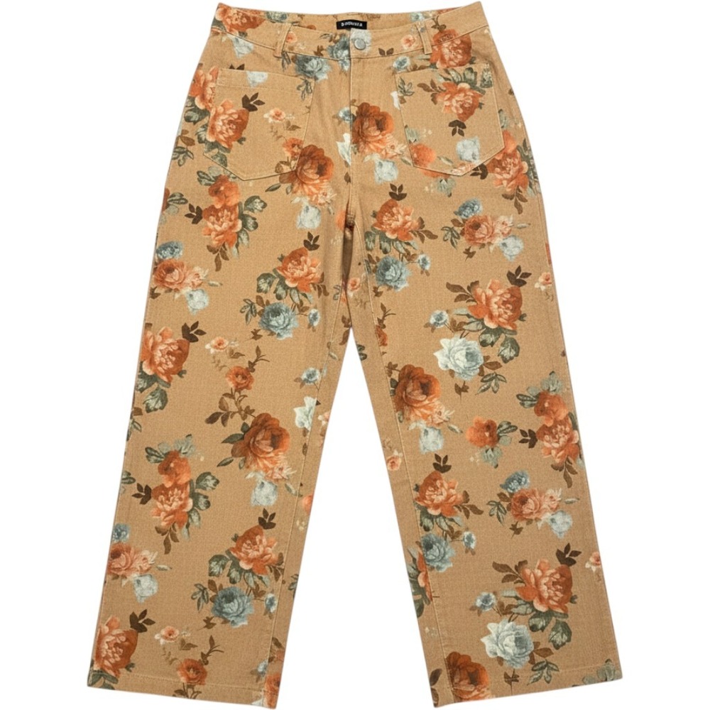 Flamingals Floral Wide Leg Pants Womens Large Tan Rose Print High Rise Trousers